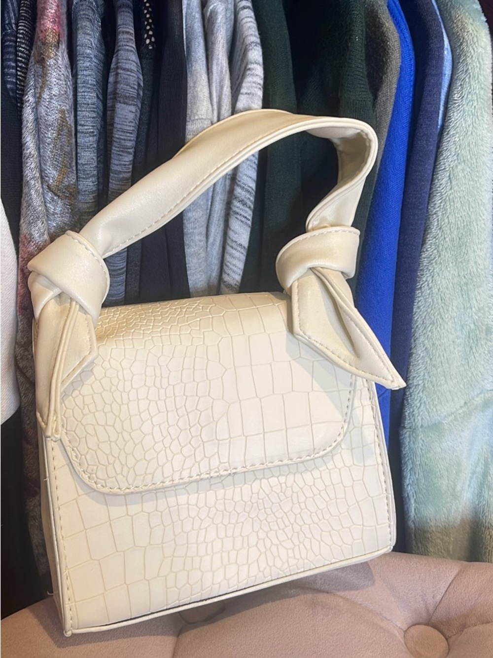 Cream Croc-Embossed Top-Handle Bag